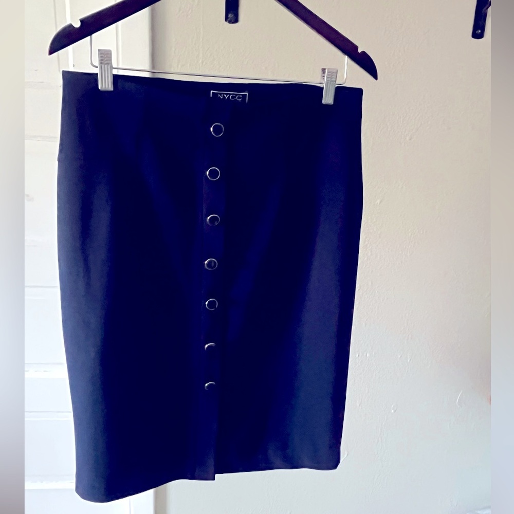 NYCC pencil skirt- navy blue work black/silver buttons (not functional) (M)